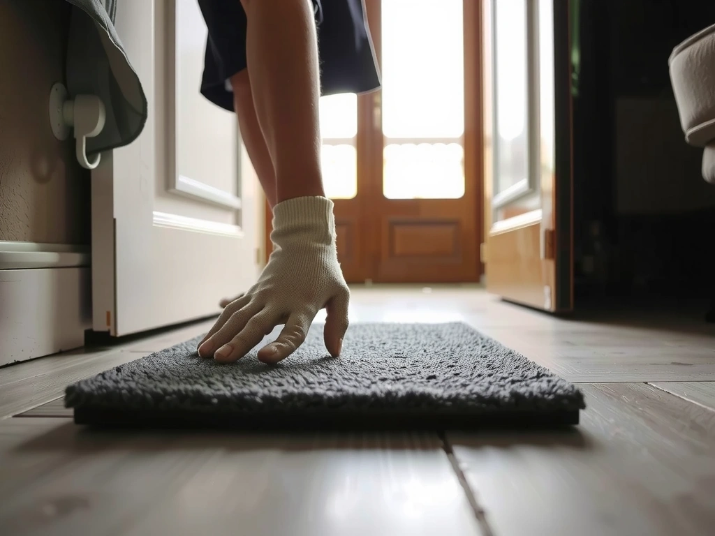 Hands placing a floor protection mat
